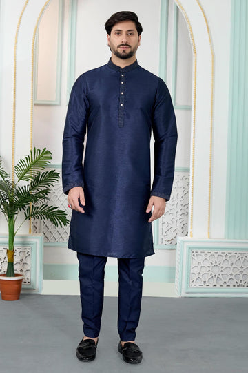Art Silk Pintux Work Kurta Pajama In Blue Colour