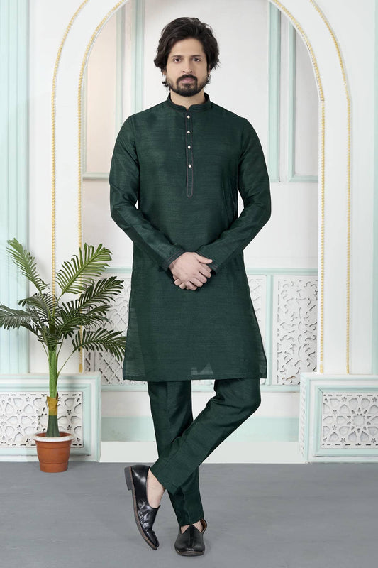 Art Silk Pintux Work Kurta Pajama In Green Colour