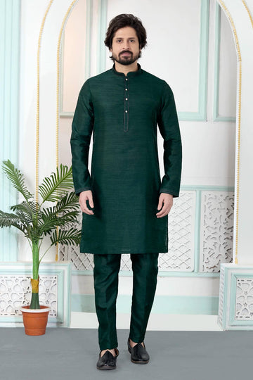 Art Silk Pintux Work Kurta Pajama In Green Colour