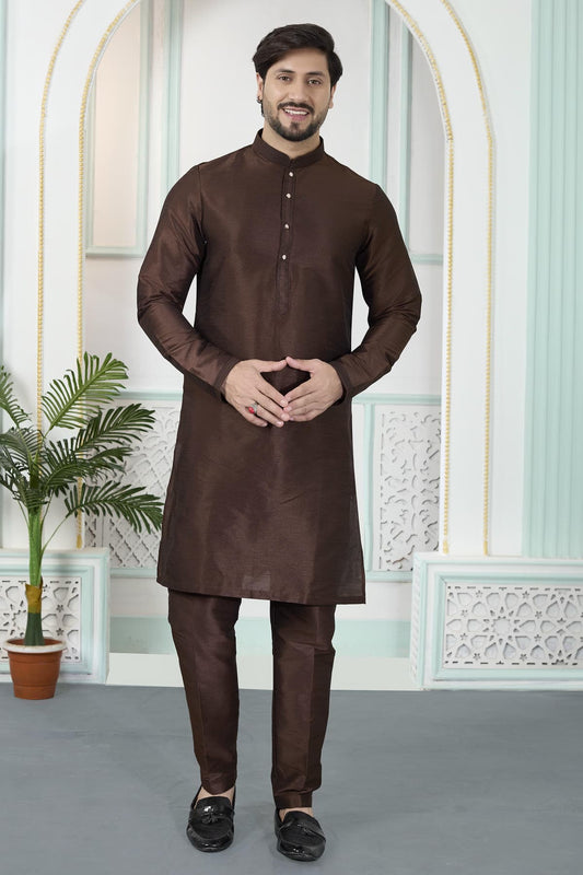 Art Silk Pintux Work Kurta Pajama In Brown Colour