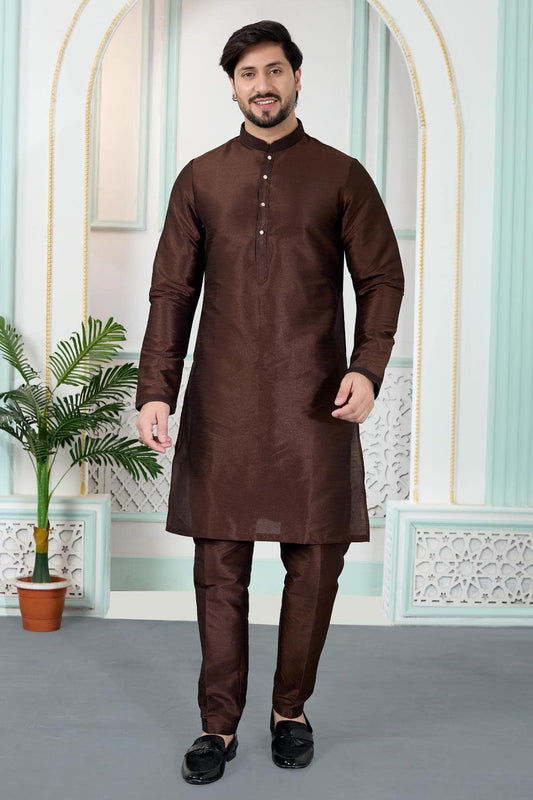 Art Silk Pintux Work Kurta Pajama In Brown Colour