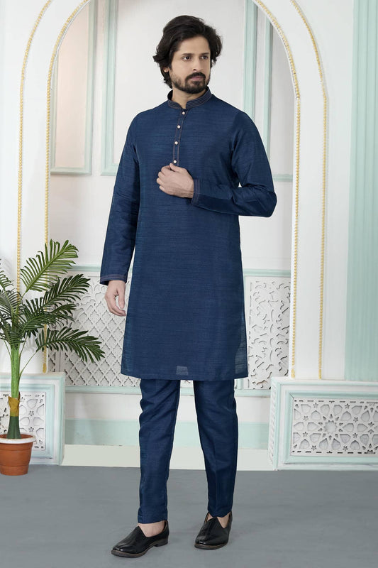 Art Silk Pintux Work Kurta Pajama In Blue Colour