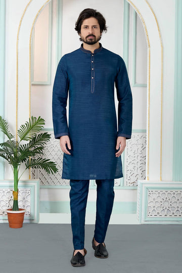 Art Silk Pintux Work Kurta Pajama In Blue Colour