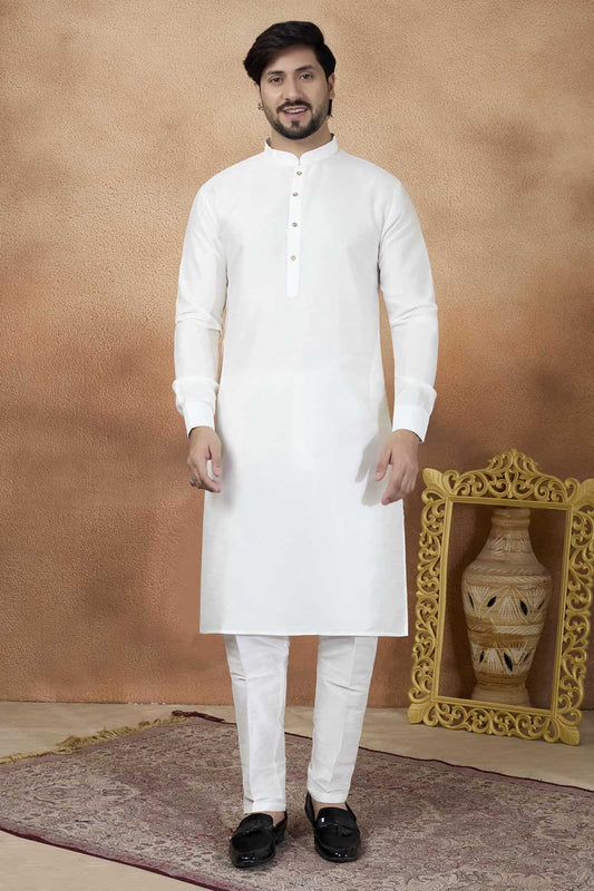 Art Silk Pintux Work Kurta Pajama In Off White Colour