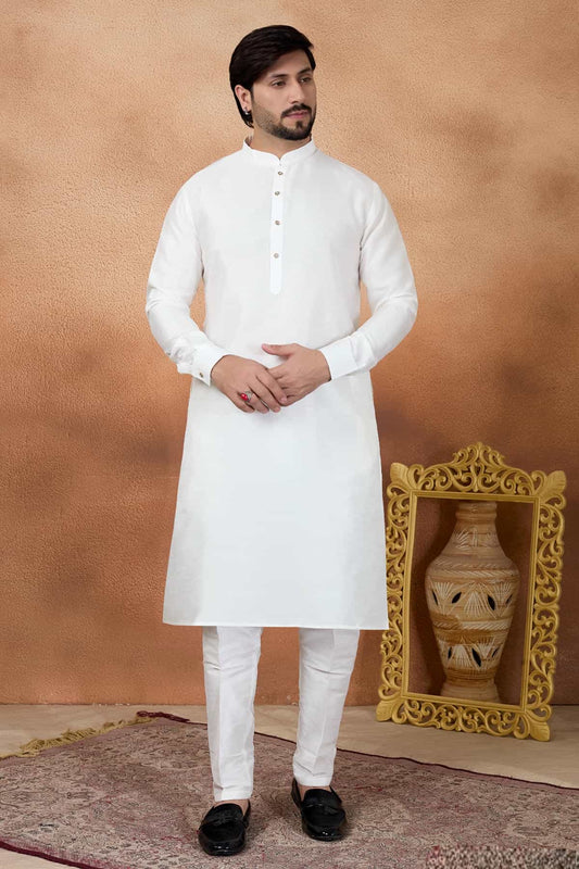 Art Silk Pintux Work Kurta Pajama In Off White Colour