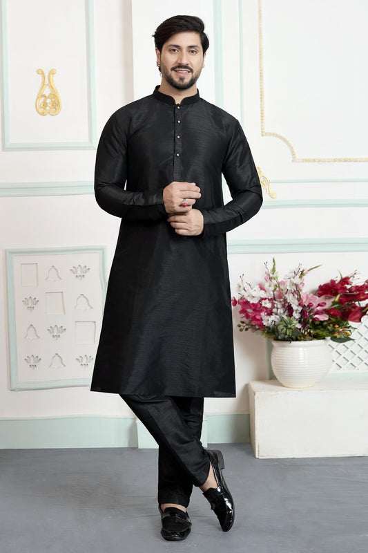 Art Silk Pintux Work Kurta Pajama In Black Colour