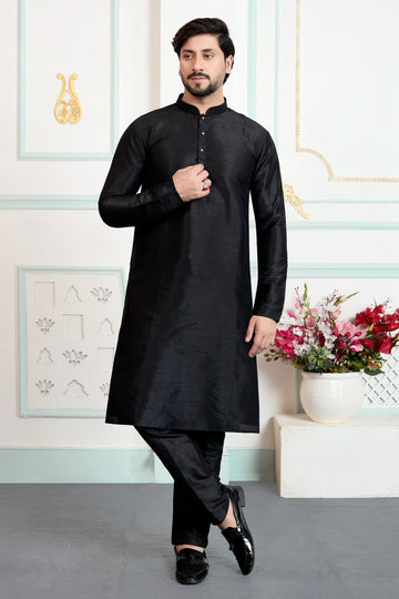 Art Silk Pintux Work Kurta Pajama In Black Colour