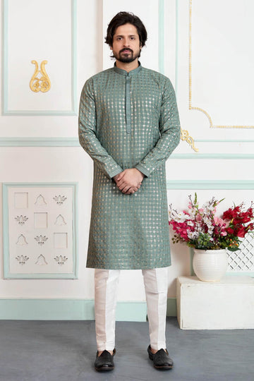Art Silk Pintux Work Kurta Pajama In Green Colour