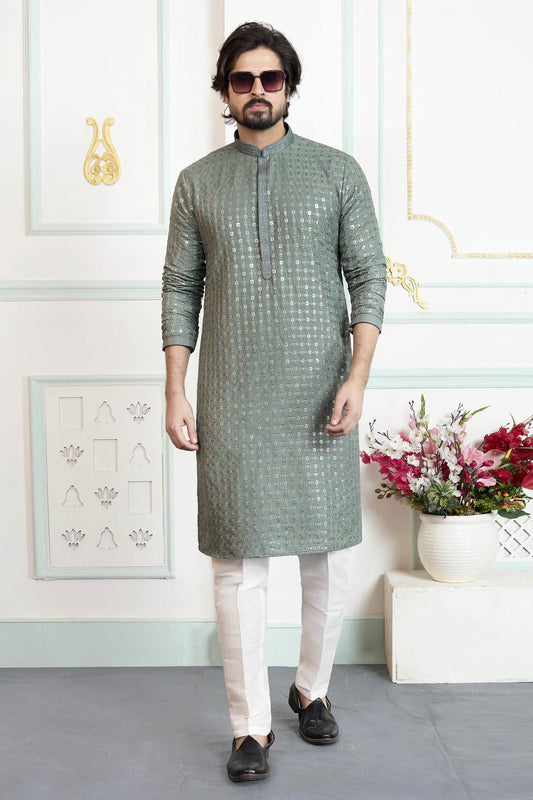 Art Silk Pintux Work Kurta Pajama In Green Colour