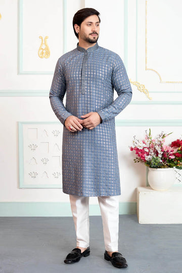 Art Silk Pintux Work Kurta Pajama In Grey Colour