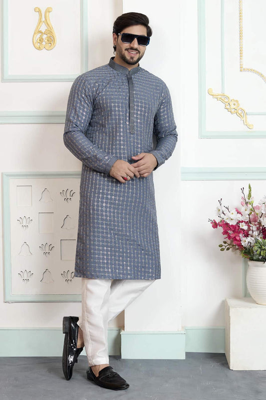 Art Silk Pintux Work Kurta Pajama In Grey Colour