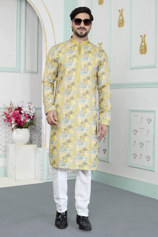 Art Silk Pintux Work Kurta Pajama In Yellow Colour