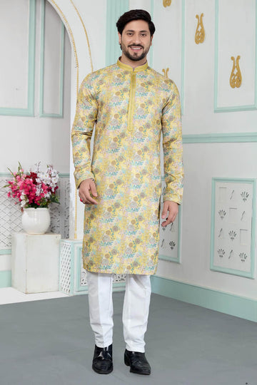 Art Silk Pintux Work Kurta Pajama In Yellow Colour