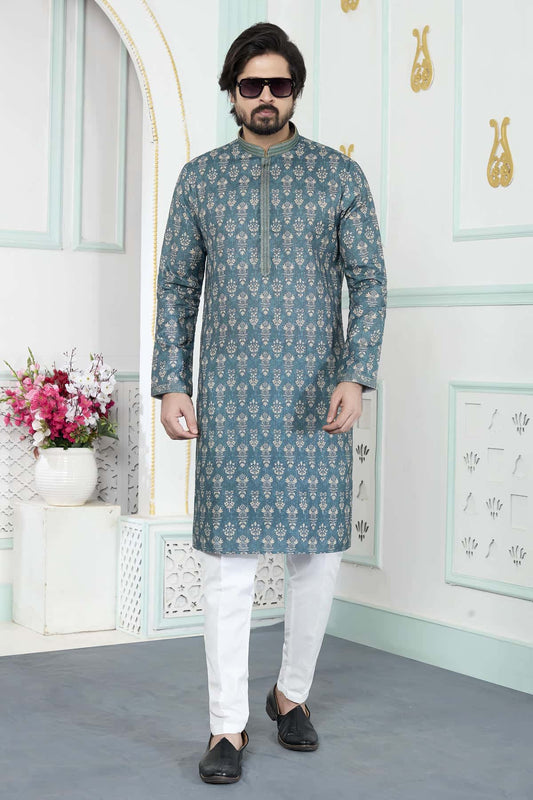 Art Silk Pintux Work Kurta Pajama In Green Colour