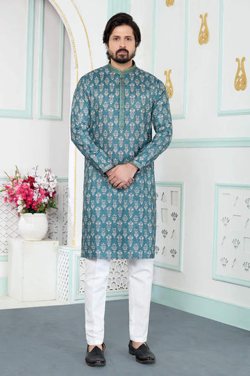 Art Silk Pintux Work Kurta Pajama In Green Colour