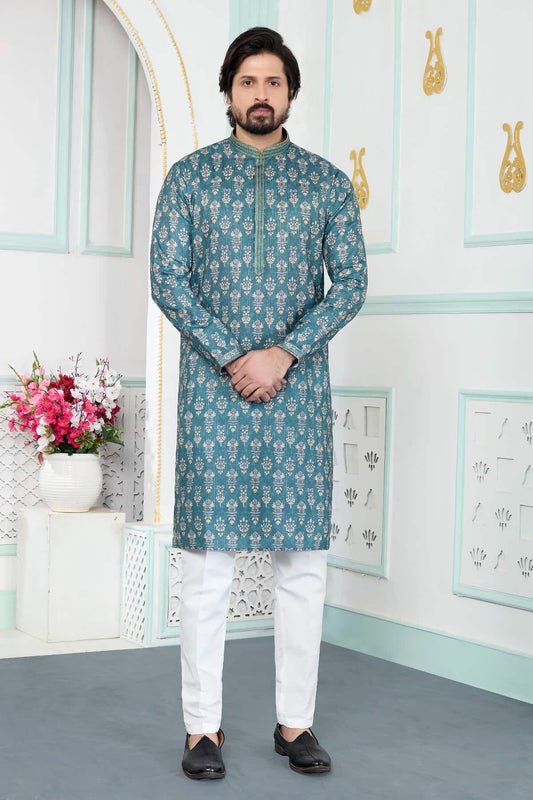 Art Silk Pintux Work Kurta Pajama In Green Colour