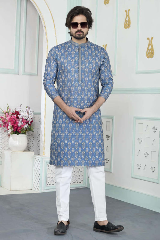 Art Silk Pintux Work Kurta Pajama In Blue Colour