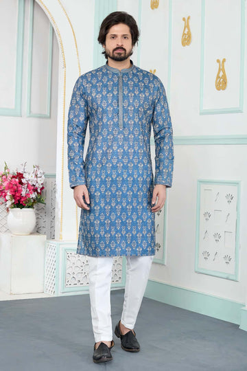 Art Silk Pintux Work Kurta Pajama In Blue Colour