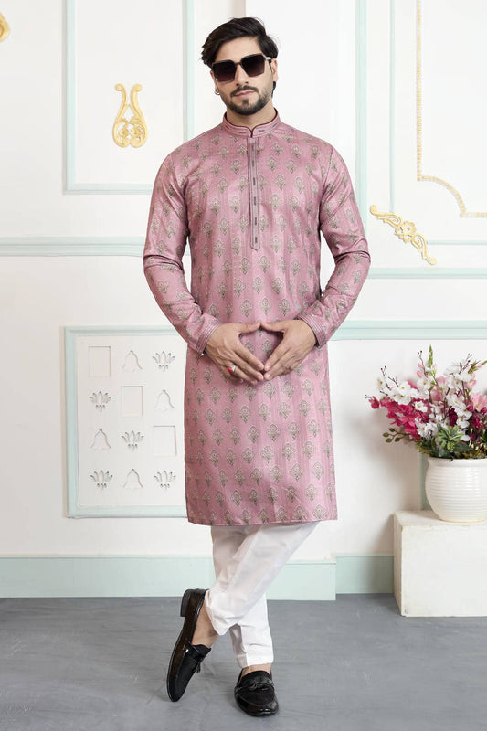 Art Silk Pintux Work Kurta Pajama In Onion  Colour