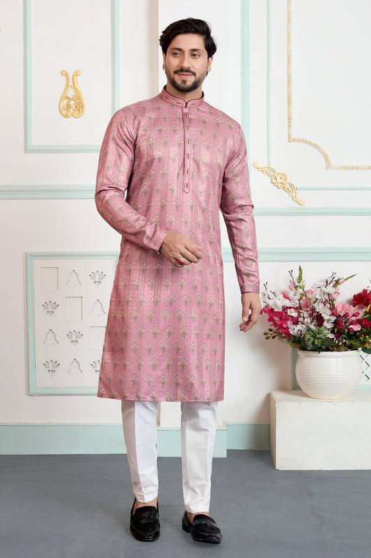 Art Silk Pintux Work Kurta Pajama In Onion  Colour