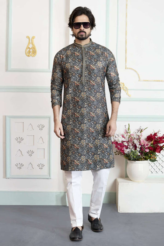 Art Silk Pintux Work Kurta Pajama In Green Colour