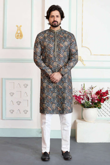 Art Silk Pintux Work Kurta Pajama In Green Colour