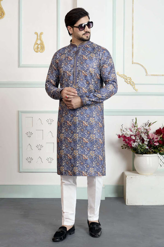 Art Silk Pintux Work Kurta Pajama In Blue Colour