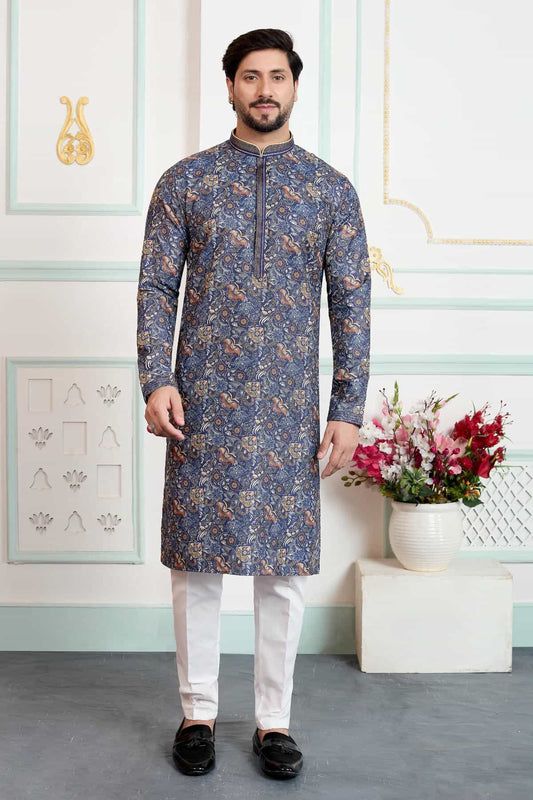 Art Silk Pintux Work Kurta Pajama In Blue Colour