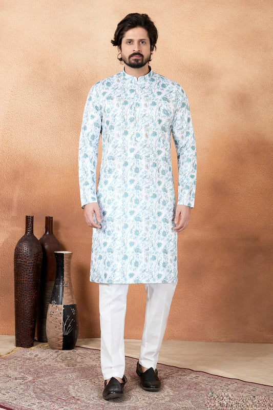 Art Silk Digital Print Kurta Pajama In Green Colour