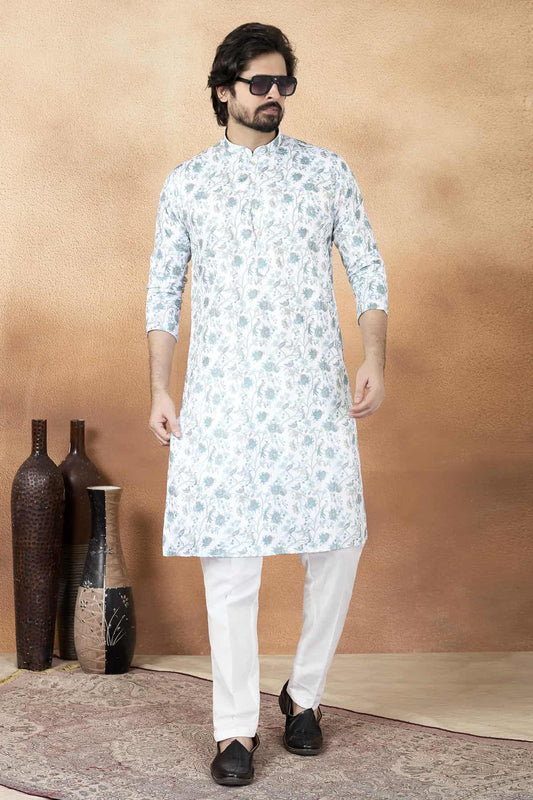 Art Silk Digital Print Kurta Pajama In Green Colour