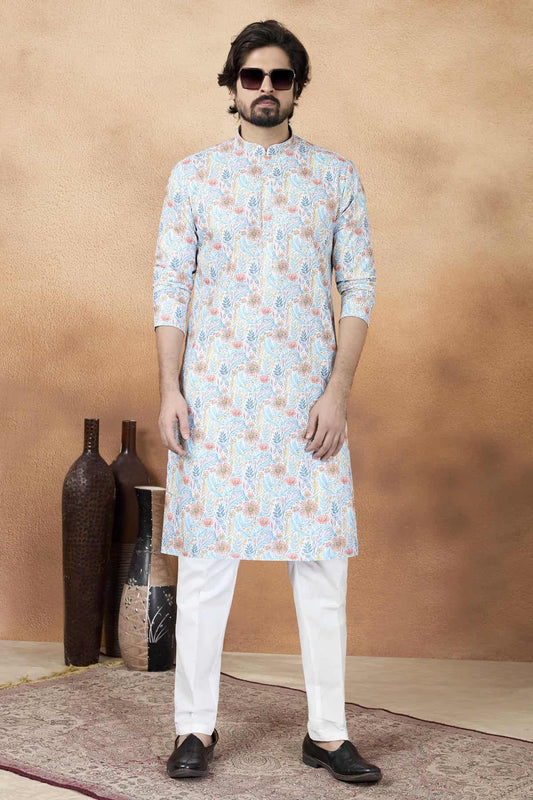 Art Silk Digital Print Kurta Pajama In Blue Colour