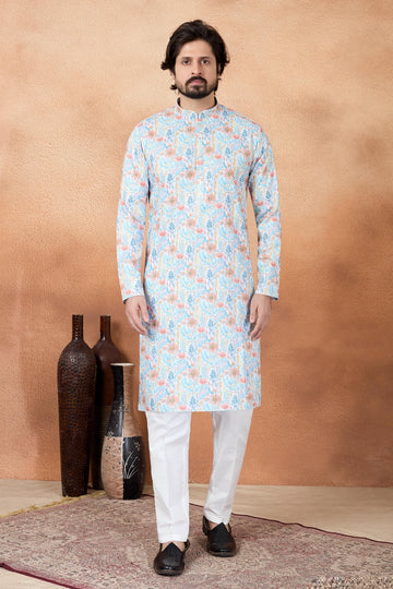 Art Silk Digital Print Kurta Pajama In Blue Colour