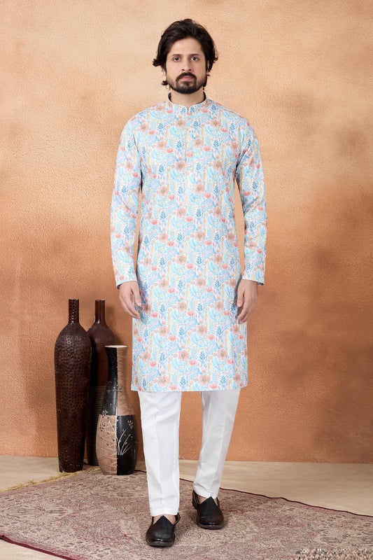 Art Silk Digital Print Kurta Pajama In Blue Colour