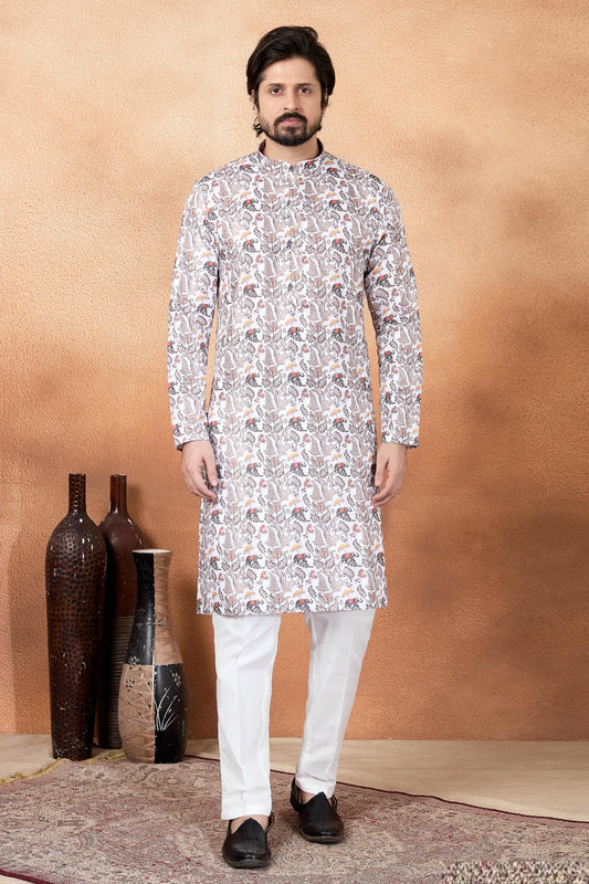 Art Silk Digital Print Kurta Pajama In Brown Colour
