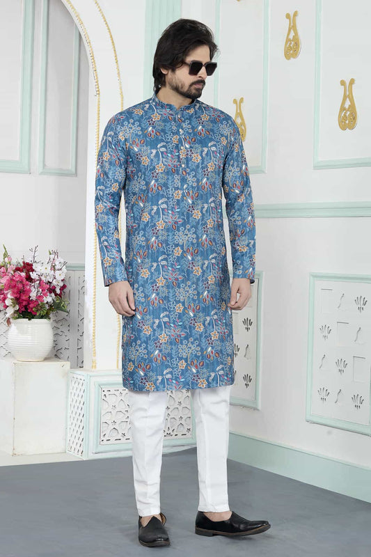 Art Silk Digital Print Kurta Pajama In Blue Colour