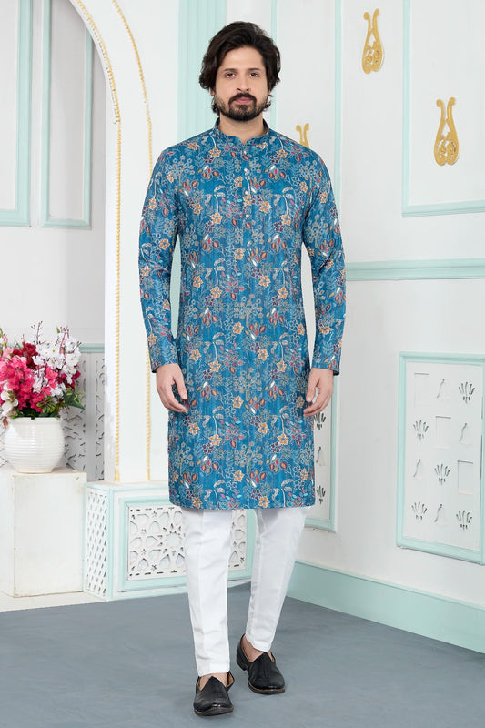 Art Silk Digital Print Kurta Pajama In Blue Colour