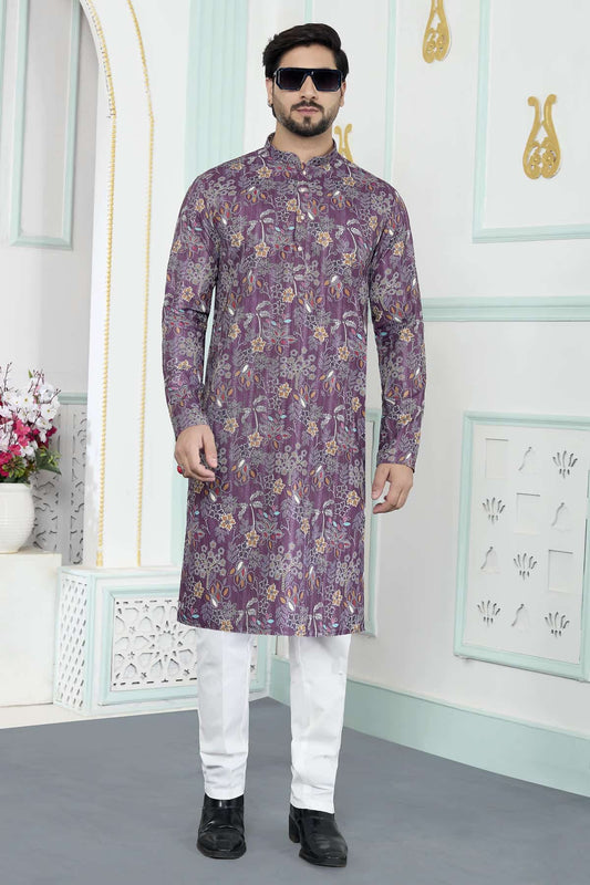 Art Silk Digital Print Kurta Pajama In Purple Colour