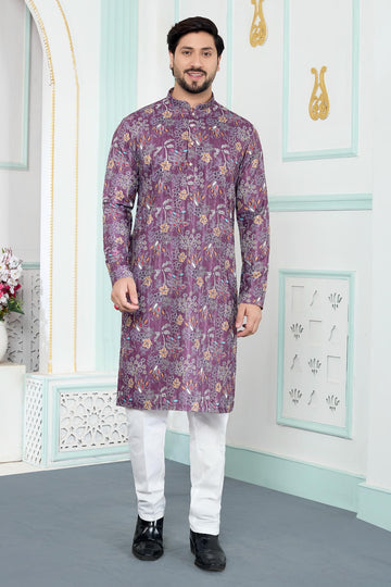 Art Silk Digital Print Kurta Pajama In Purple Colour