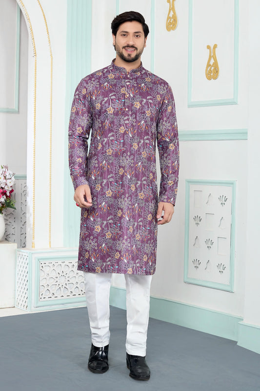 Art Silk Digital Print Kurta Pajama In Purple Colour