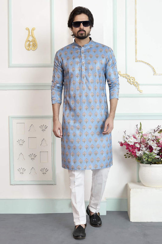 Art Silk Digital Print Kurta Pajama In Blue Colour