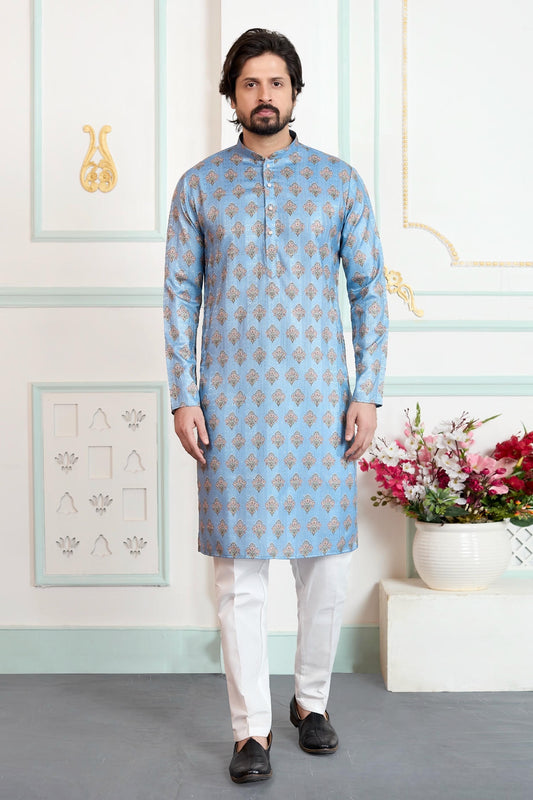 Art Silk Digital Print Kurta Pajama In Blue Colour