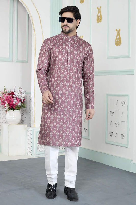 Art Silk Digital Print Kurta Pajama In Brown Colour