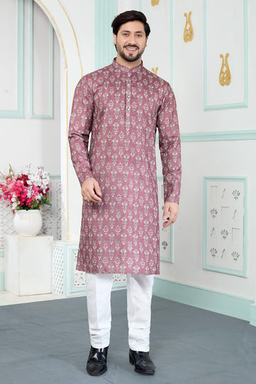 Art Silk Digital Print Kurta Pajama In Brown Colour