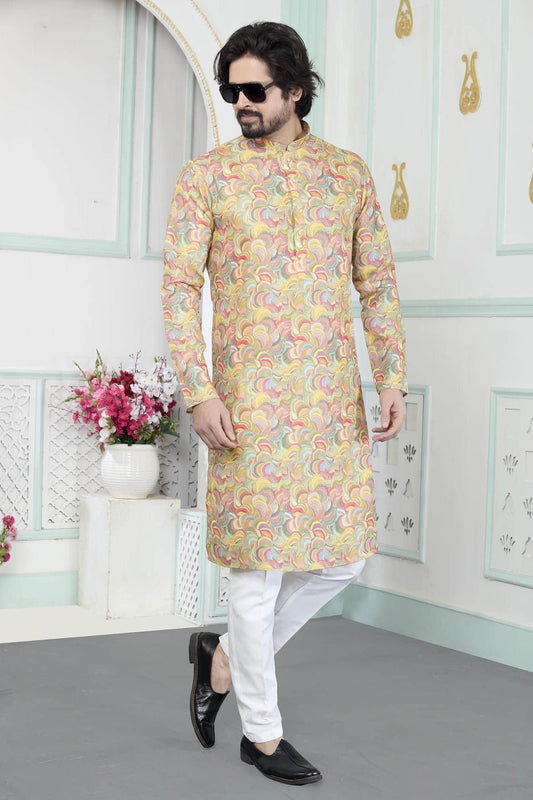 Art Silk Digital Print Kurta Pajama In Yellow Colour