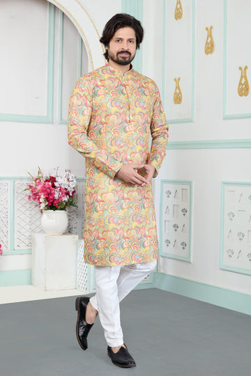 Art Silk Digital Print Kurta Pajama In Yellow Colour