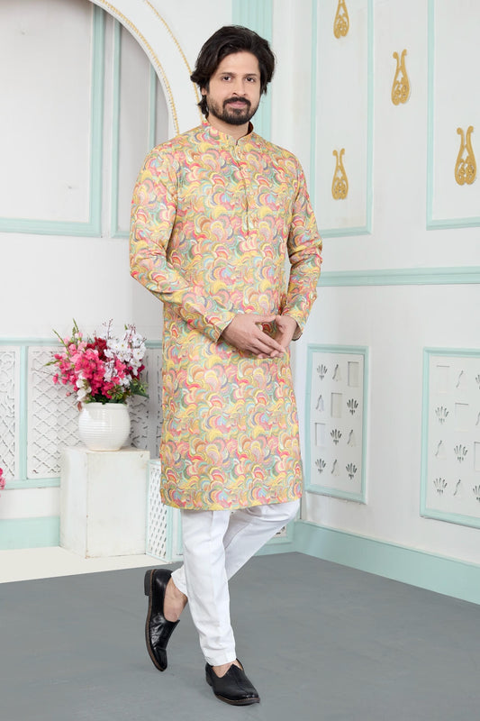 Art Silk Digital Print Kurta Pajama In Yellow Colour
