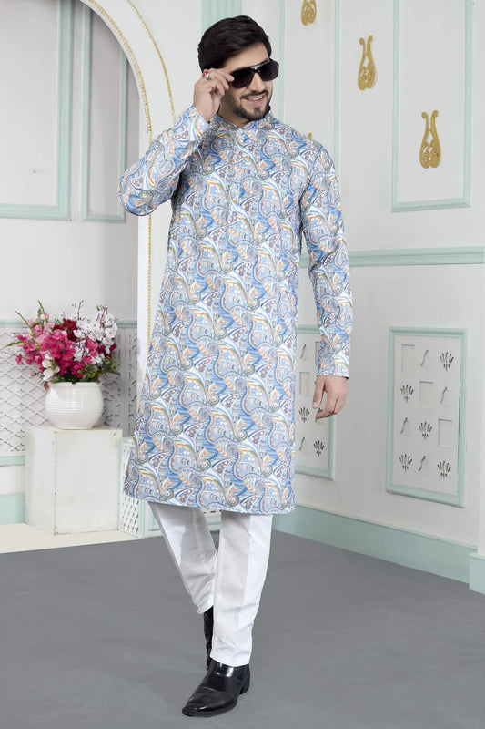 Art Silk Digital Print Kurta Pajama In Blue Colour