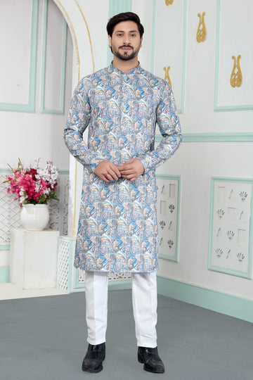 Art Silk Digital Print Kurta Pajama In Blue Colour