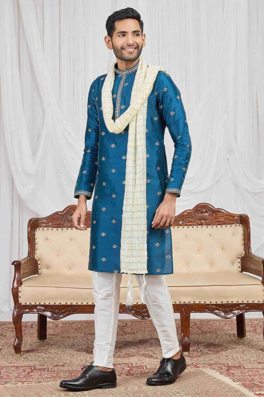 Art Silk Embroidery Work Teal Blue Colour Kurta Pajama With Stole