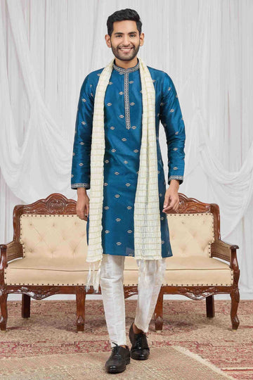 Art Silk Embroidery Work Teal Blue Colour Kurta Pajama With Stole